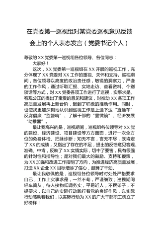 在党委第一巡视组对某党委巡视意见反馈会上的个人表态发言（党委书记个人）