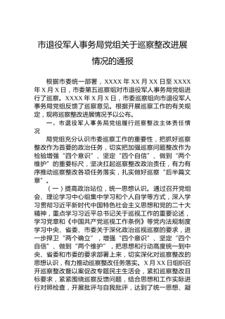 市退役军人事务局党组关于巡察整改进展情况的通报