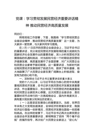 党课：学习贯彻发展民营经济重要讲话精神推动民营经济高质量发展