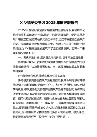 X乡镇纪委书记2025年度述职报告