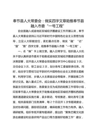 奉节县人大常委会：做实四字文章 助推奉节县融入市委“一号工程” 