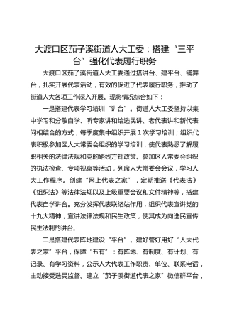 大渡口区茄子溪街道人大工委：搭建“三平台”强化代表履行职务 