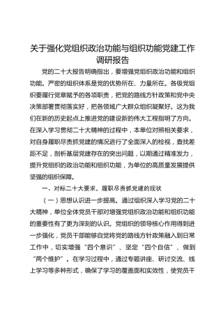 关于强化党组织政治功能与组织功能党建工作调研报告