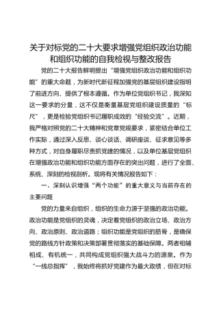 关于对标党的二十大要求增强党组织政治功能和组织功能的自我检视与整改报告