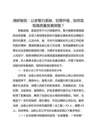 关于全县公安工作现状、问题与高质量发展路径的专题调研报告（公安警力紧缺、犯罪升级，如何实现高质量发展突围？）
