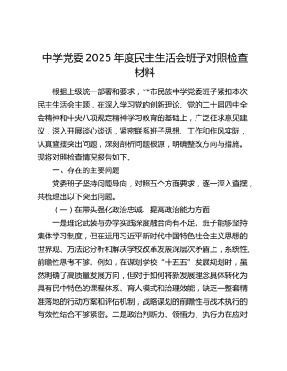 中学党委2025年度民主生活会班子对照检查材料