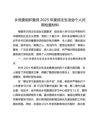 乡党委组织委员2025年度民主生活会个人对照检查材料