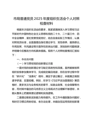 市局普通党员2025年度组织生活会个人对照检查材料