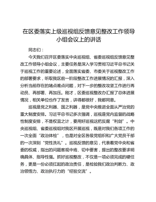 在区委落实上级巡视组反馈意见整改工作领导小组会议上的讲话