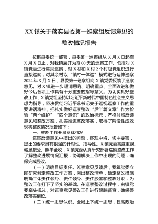 XX镇关于落实县委第一巡察组反馈意见的整改情况报告