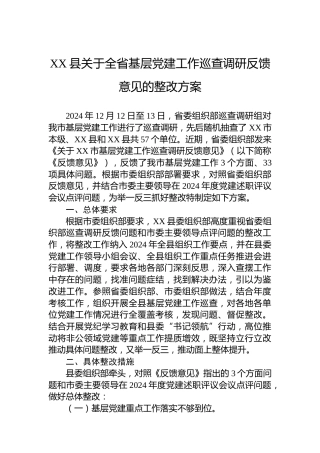 XX县关于全省基层党建工作巡查调研反馈意见的整改方案