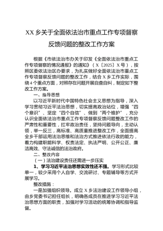 XX乡关于全面依法治市重点工作专项督察反馈问题的整改工作方案