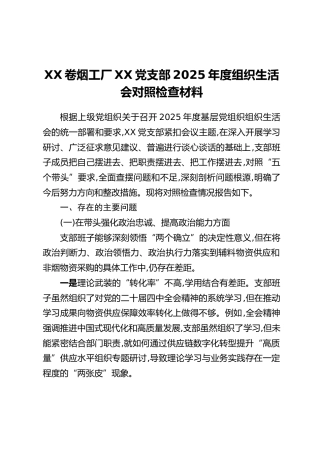 XX卷烟工厂XX党支部2025年度组织生活会对照检查材料