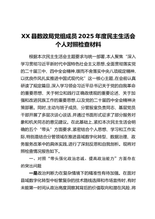 XX县数政局党组成员2025年度民主生活会个人对照检查材料