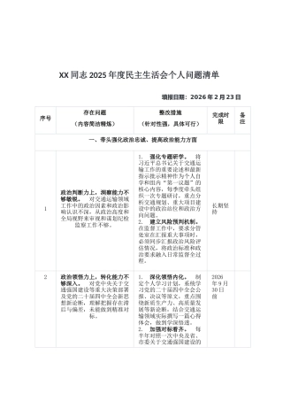 XX同志2025年度民主生活会个人问题清单
