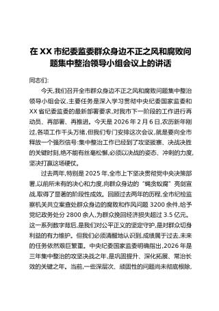 在XX市纪委监委群众身边不正之风和腐败问题集中整治领导小组会议上的讲话
