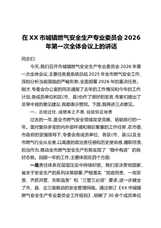 在XX市城镇燃气安全生产专业委员会2026年第一次全体会议上的讲话