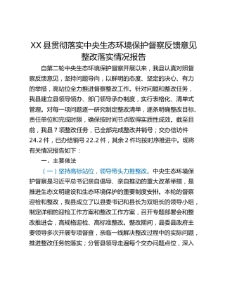 XX县贯彻落实中央生态环境保护督察反馈意见整改落实情况报告