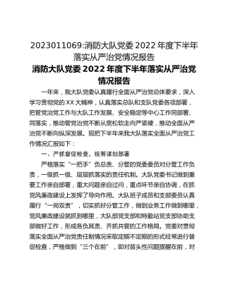 消防大队党委2022年度下半年落实从严治党情况报告
