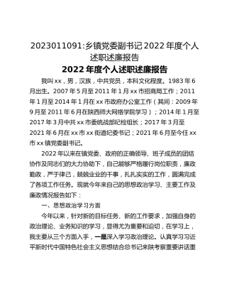 乡镇党委副书记2022年度个人述职述廉报告