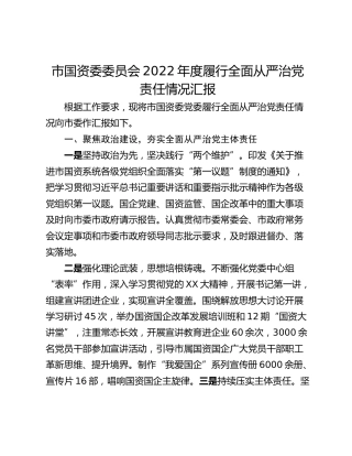 市国资委委员会2022年度履行全面从严治党责任情况汇报