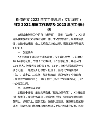 街道创文2022年度工作总结（文明城市）