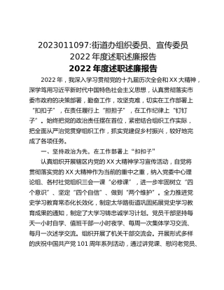 街道办组织委员、宣传委员2022年度述职述廉报告