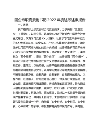 国企专职党委副书记2022年度述职述廉报告