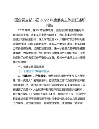 国企党支部书记2022年度落实主体责任述职报告