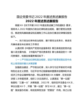 国企党委书记2022年度述责述廉报告