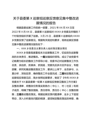 关于县委第X巡察组巡察反馈意见集中整改进展情况的报告