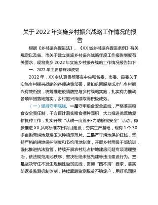 关于2022年实施乡村振兴战略工作情况的报告