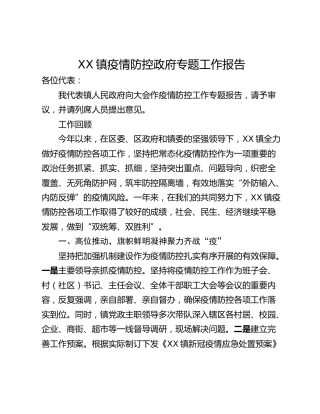 XX镇疫情防控政府专题工作报告
