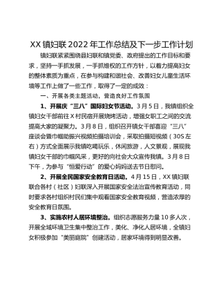 XX镇妇联2022年工作总结及下一步工作计划