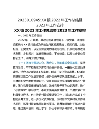 XX镇2022年工作总结暨2023年工作安排