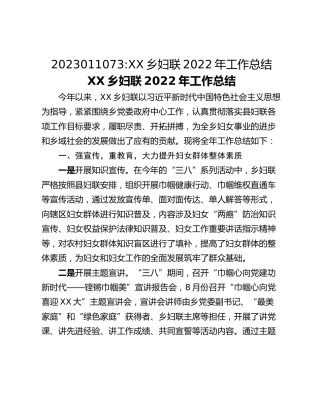 XX乡妇联2022年工作总结