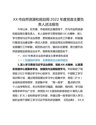 XX市自然资源和规划局2022年度党政主要负责人述法报告