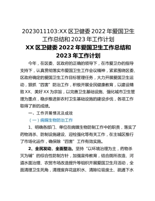 XX区卫健委2022年爱国卫生工作总结和2023年工作计划