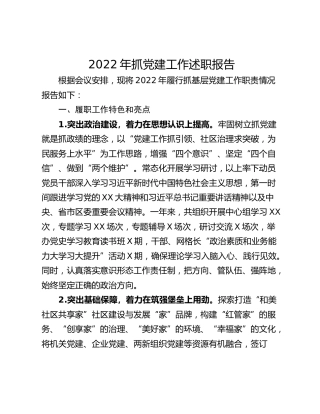 2022年抓党建工作述职报告