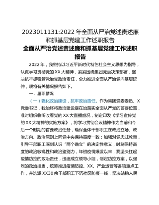 2022年全面从严治党述责述廉和抓基层党建工作述职报告