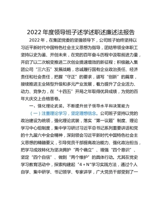 2022年度领导班子述学述职述廉述法报告