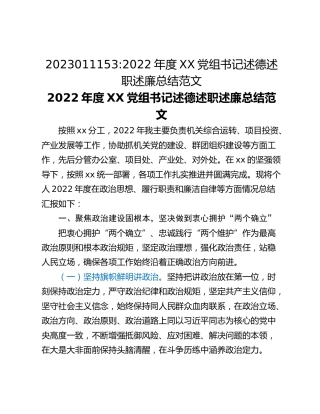 2022年度XX党组书记述德述职述廉总结范文