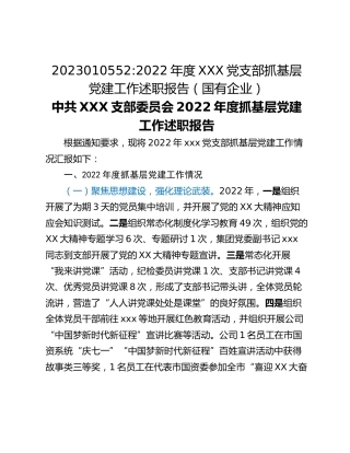 2022年度XXX党支部抓基层党建工作述职报告（国有企业）