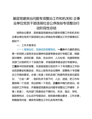 基层党建突出问题专项整治工作和机关和 企事业单位党员干部违背社会公序良俗专项整治行动阶段性总结
