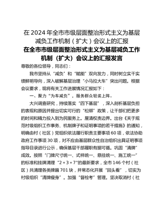 在2024年全市市级层面整治形式主义为基层减负工作机制（扩大）会议上的汇报