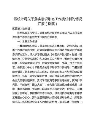 区统计局关于落实意识形态工作责任制的情况汇报（巡察）
