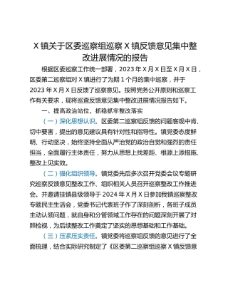 X镇关于区委巡察组巡察X镇反馈意见集中整改进展情况的报告
