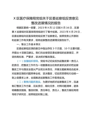 X区医疗保障局党组关于区委巡察组反馈意见整改进展情况的报告