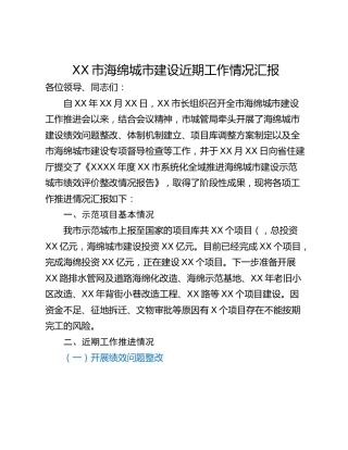 XX市海绵城市建设近期工作情况汇报