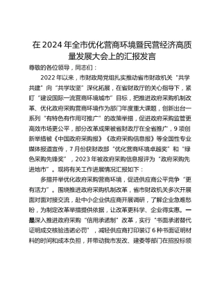 在2024年全市优化营商环境暨民营经济高质量发展大会上的汇报发言